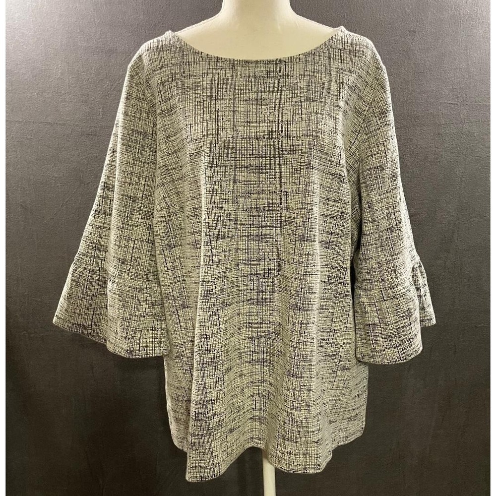 Talbots Knit Top Textured Crosshatch Boat Neck Bell Sleeve Black White Plus 3Xp